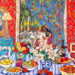 Red Dining Room with Striped Cloth