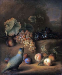 A Parrot With Grapes, Peaches and Plums In a Landscape